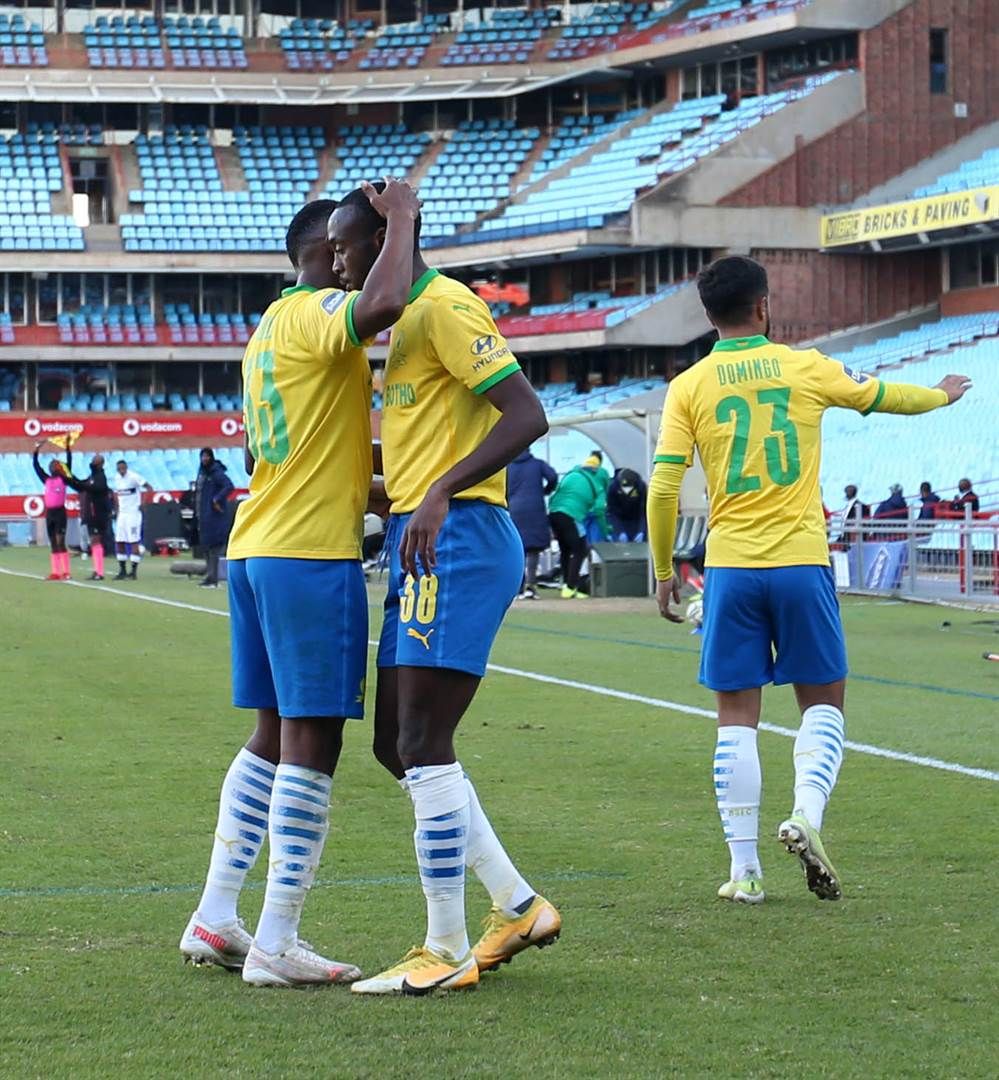 Sundowns players celebrate a Peter Shalulile goal.
