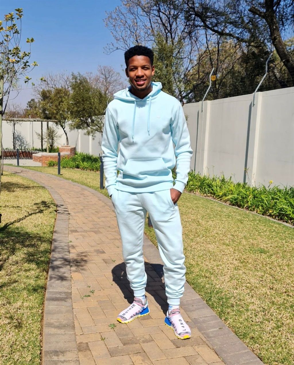 Jamie Webber styling in baby blue adidas sweats an
