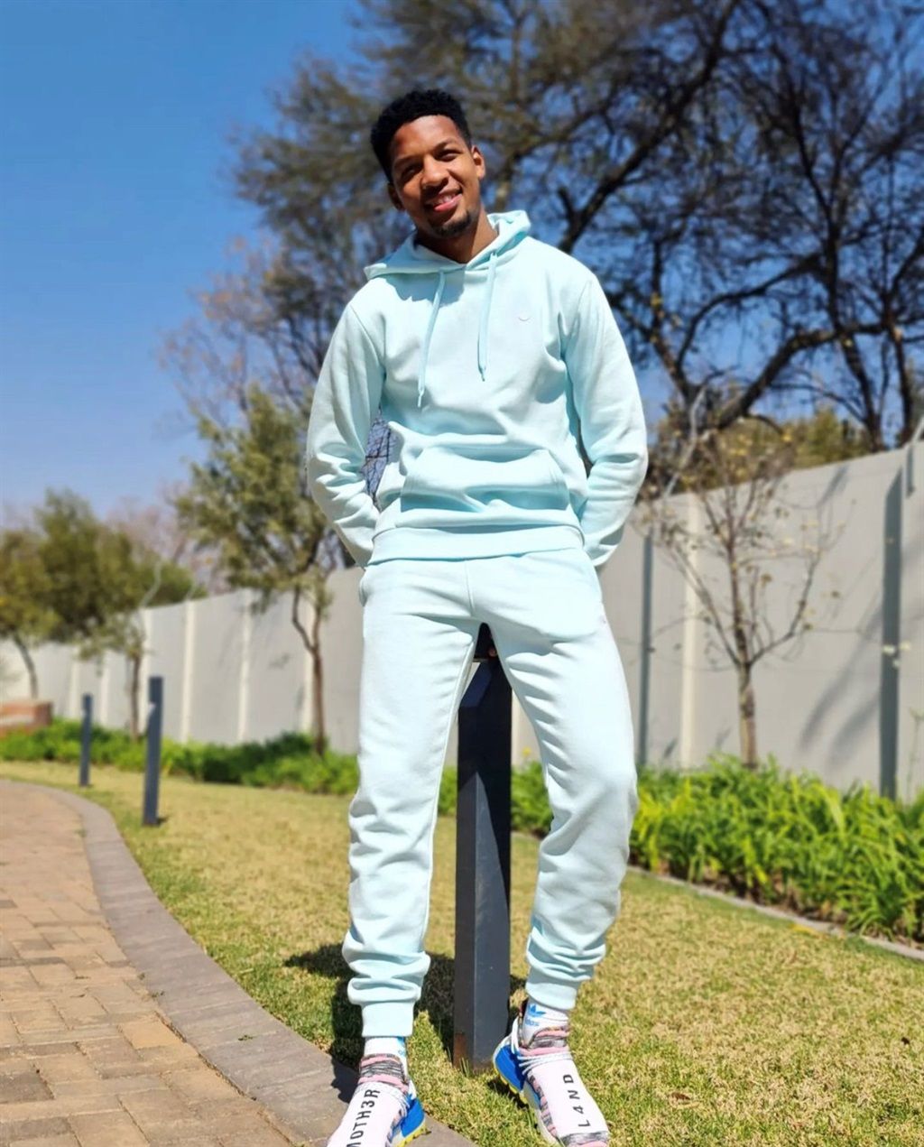 Jamie Webber styling in baby blue adidas sweats an
